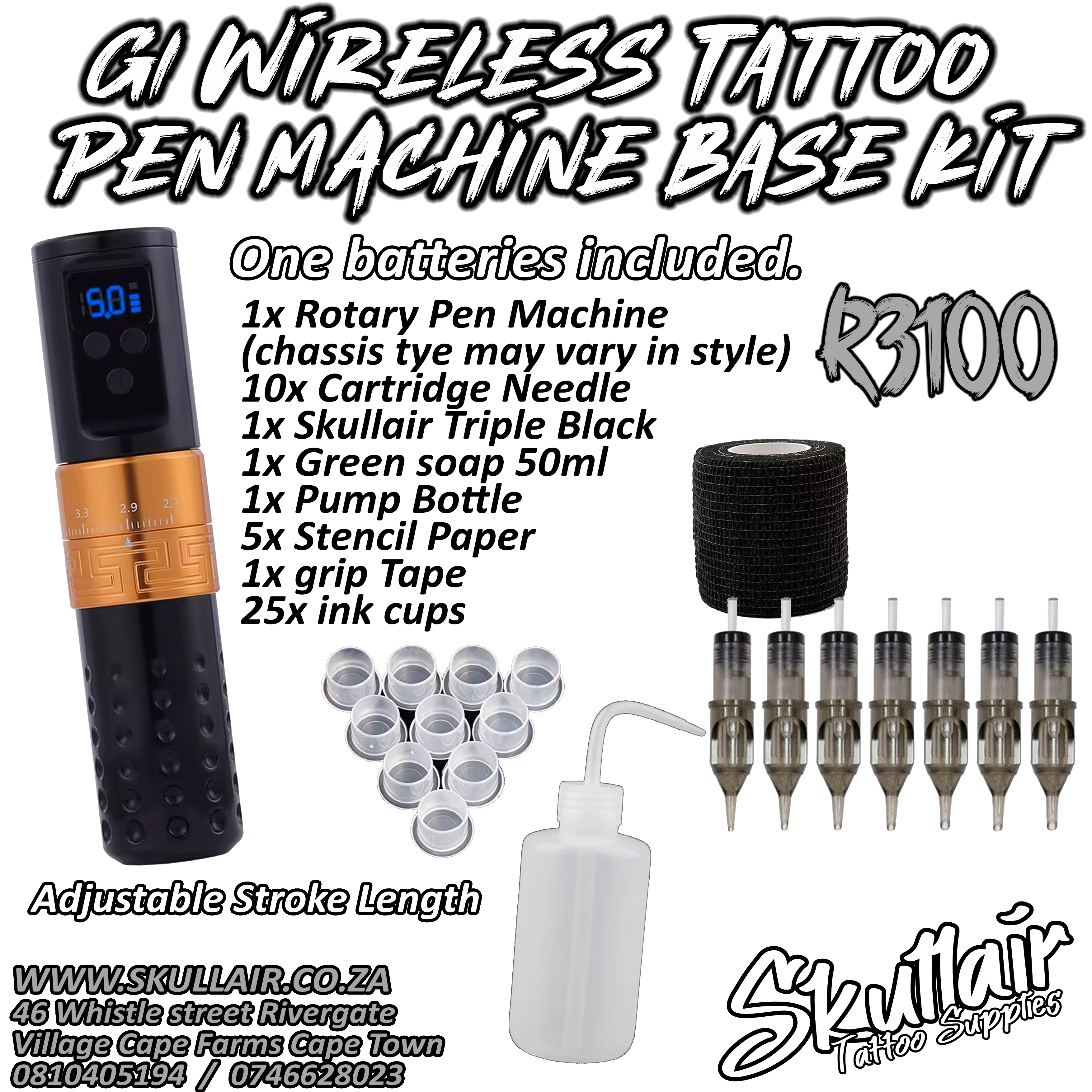 G1 Adjustable wireless stroke length tattoo pen base kit
