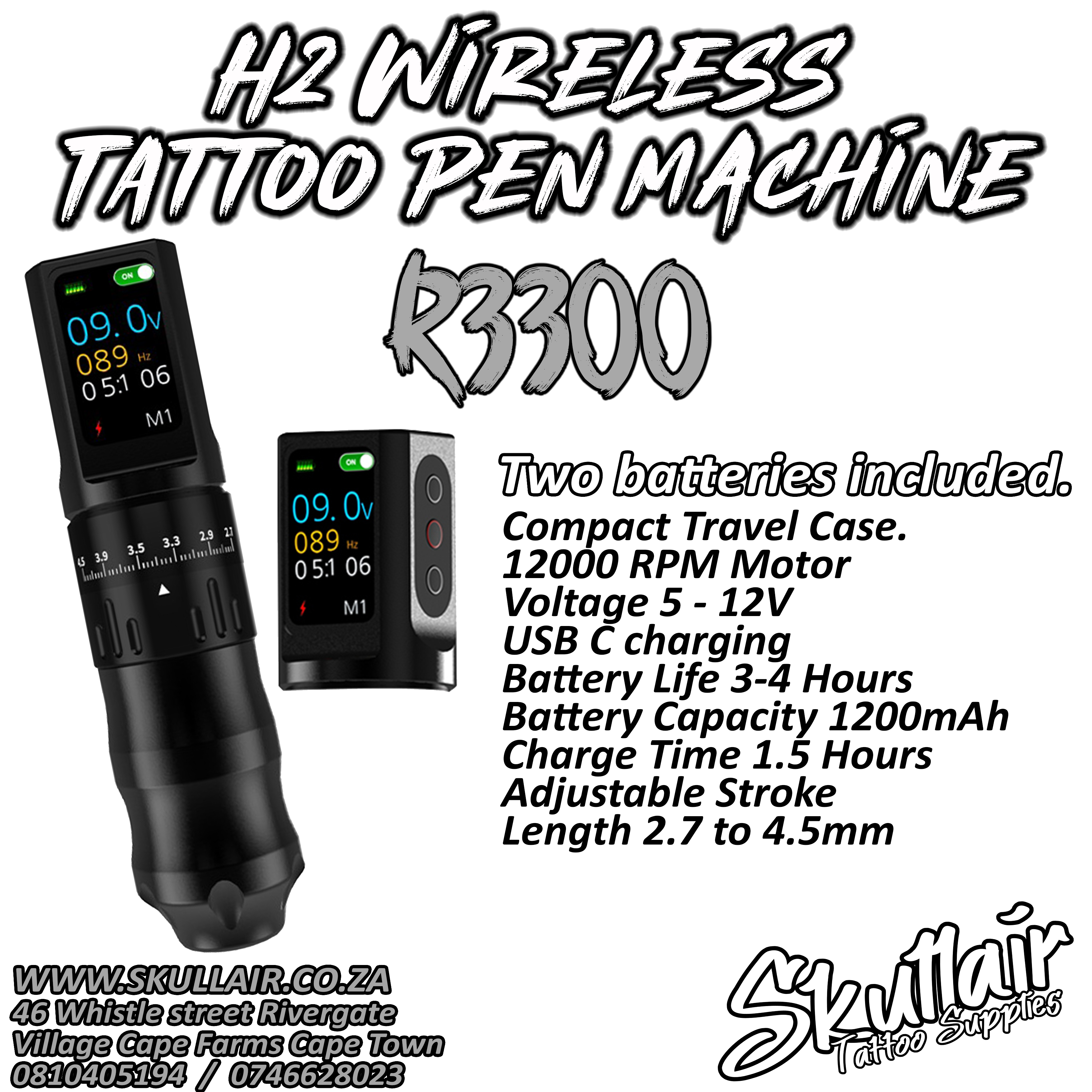 H2 Adjustable Stroke Length Wireless Tattoo Pen